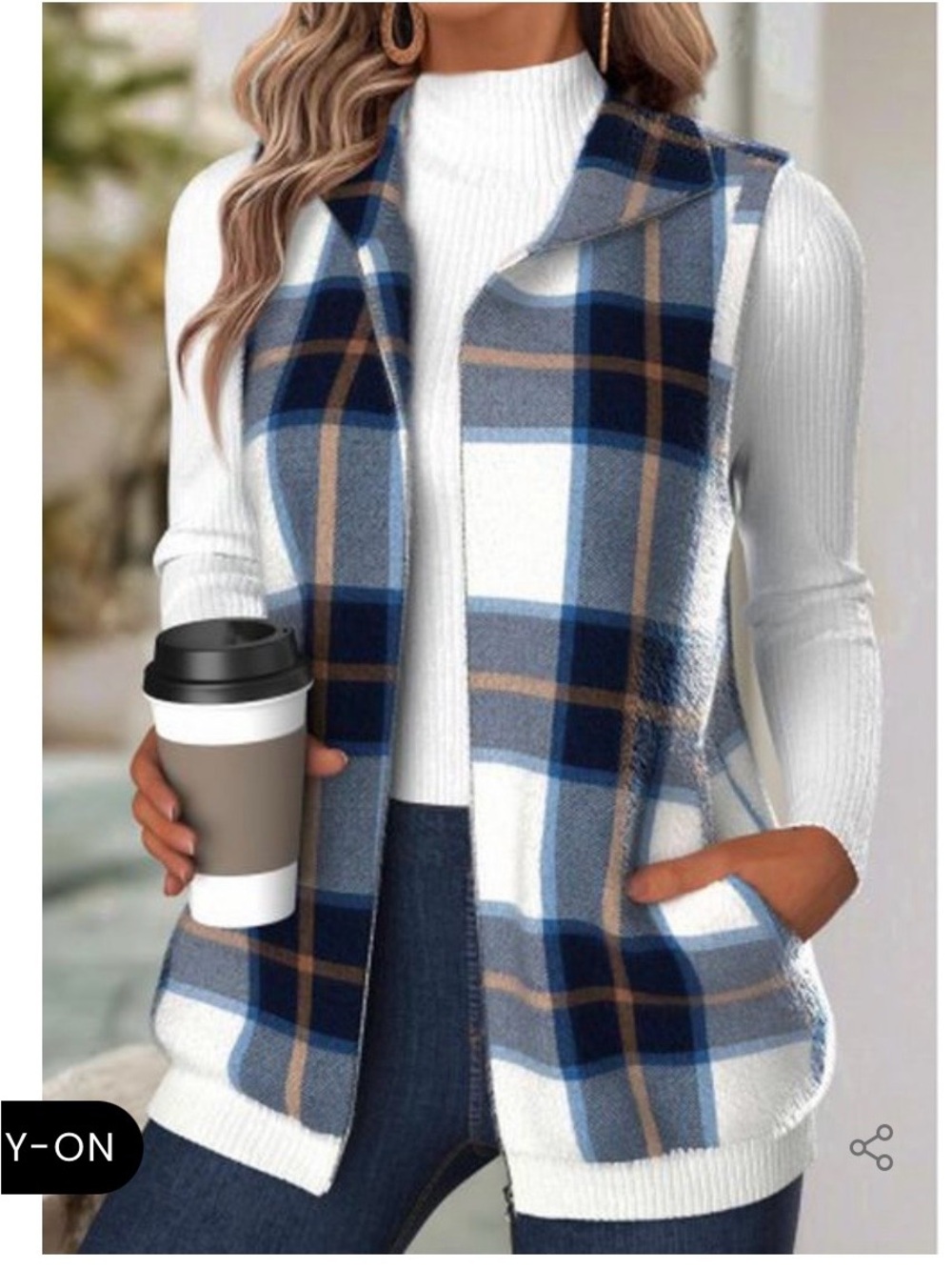 Blue Plaid Open Front Vest